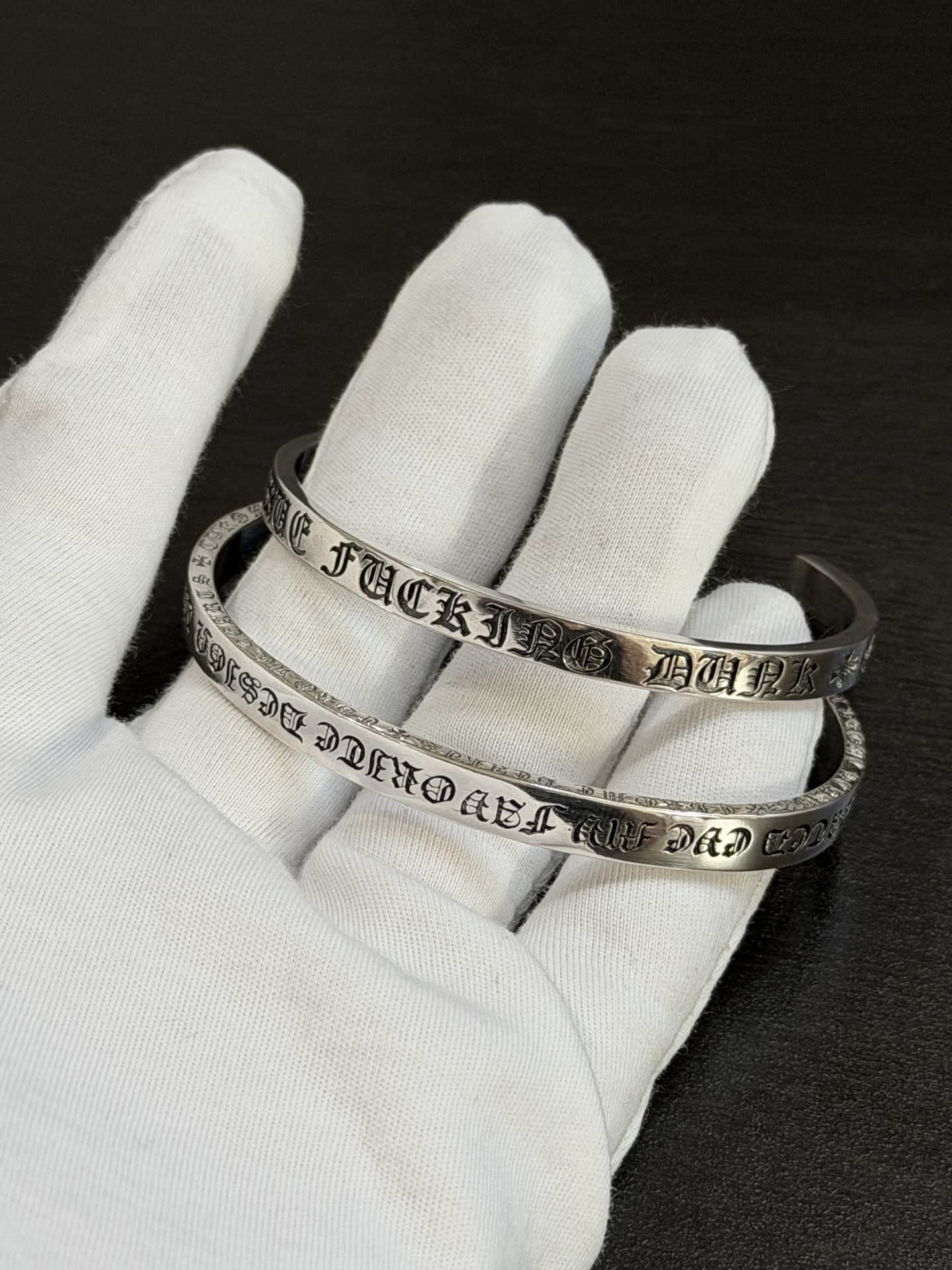 Chrome Hearts Silver Cuff Bracelets with Engraved Text